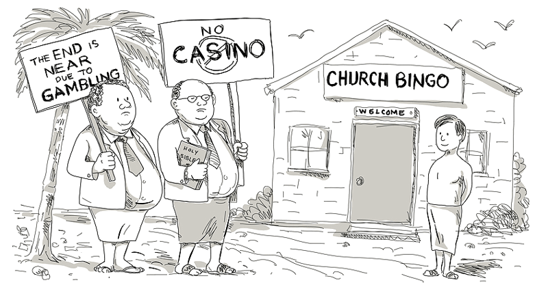 cartoon illustration gambling protesters outside church offering bingo
