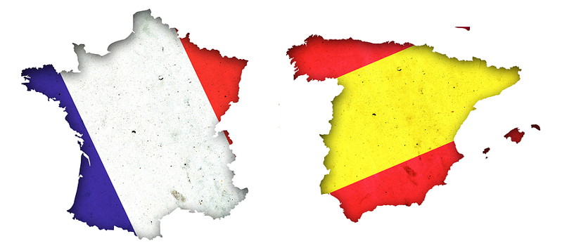 france and spain painted in respective flags