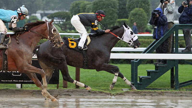 horses racing on a wet muddy track