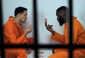 two inmates orange jumpsuits playing cards in jail prison