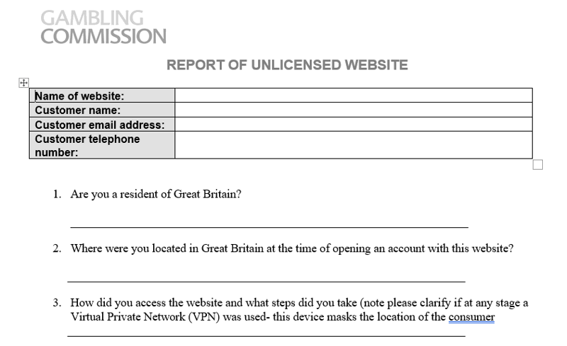 ukgc report unlicensed site form example