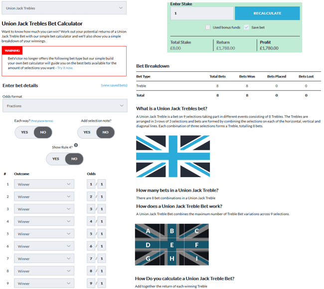 BetVictor Bet Calculator Build A Bet Example Screenshot