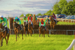 painting of horses jumping over a fence at a racecourse