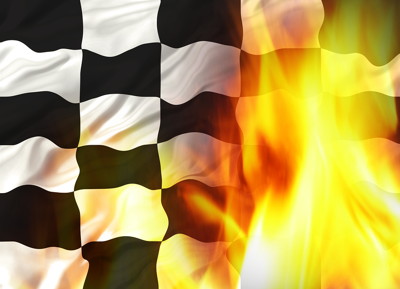 f1 chequered flag with flames