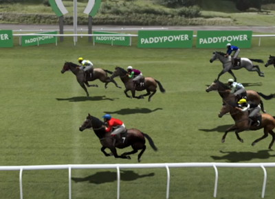 virtual racing horses crossing the line