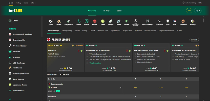 Bet365 website interface 25