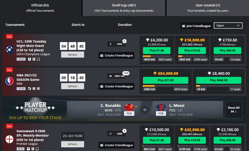 daily fantasy sports example tournaments screenshot